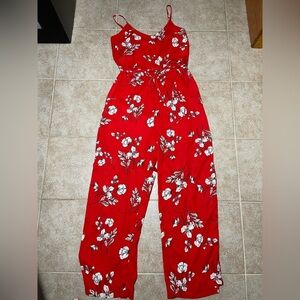 Skies Are Blue Red Floral Danica Jumpsuit, Size Medium
